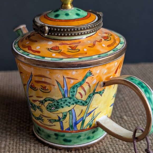Kelvin Chen Jumping Frogs on Pond Enameled Miniature Teapot with Hinged Lid - Picture 6 of 10
